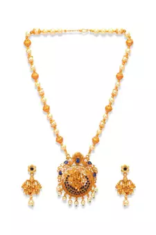 Gold Plated Maa Laxmi Stone Studded Necklace With Earrrings For Women And Girls
