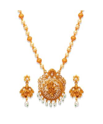 Gold Plated Maa Laxmi Stone Studded Necklace With Earrrings For Women And Girls 2