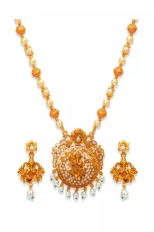 Gold Plated Maa Laxmi Stone Studded Necklace With Earrrings For Women And Girls