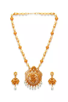 Gold Plated Maa Laxmi Stone Studded Necklace With Earrrings For Women And Girls