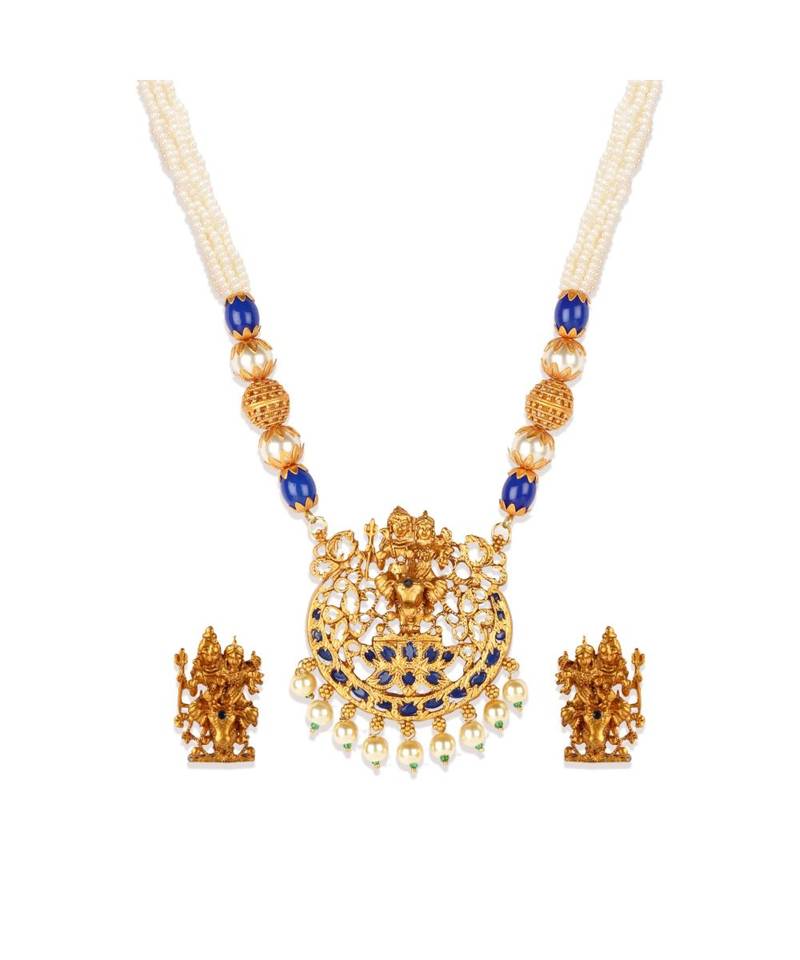 Gold Plated Maa Laxmi Stone Studded Necklace With Earrrings For Women And Girls