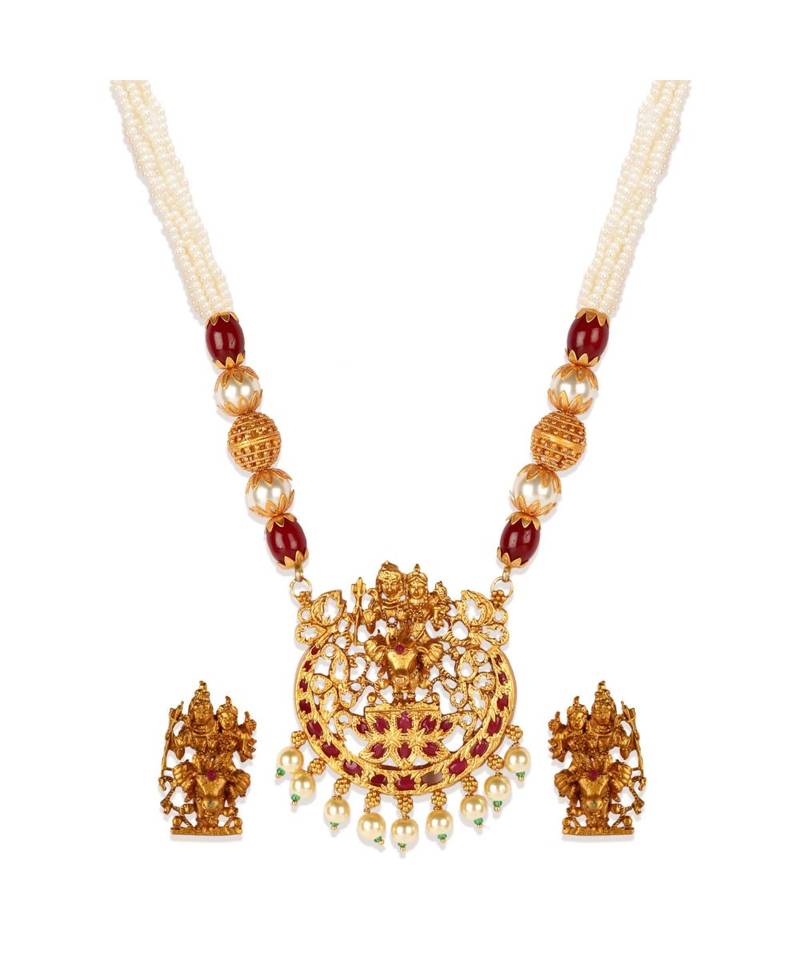 Gold Plated Maa Laxmi Stone Studded Necklace With Earrrings For Women And Girls