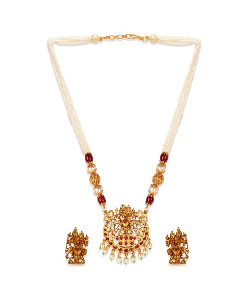 Gold Plated Maa Laxmi Stone Studded Necklace With Earrrings For Women And Girls