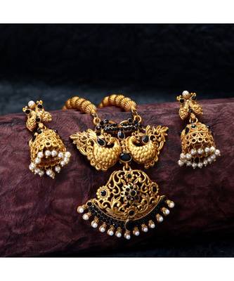 Gold Plated Maa Laxmi Stone Studded Necklace With Earrrings For Women And Girls 1