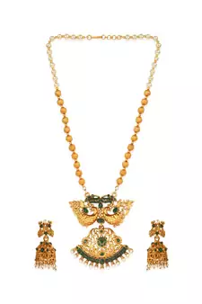 Gold Plated Maa Laxmi Stone Studded Necklace With Earrrings For Women And Girls