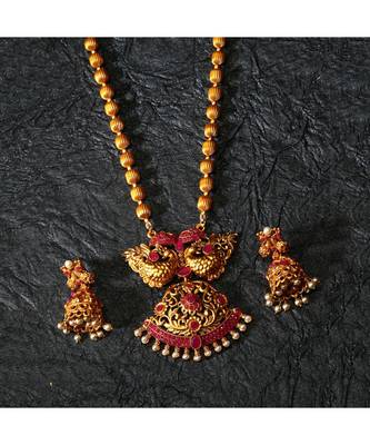 Gold Plated Maa Laxmi Stone Studded Necklace With Earrrings For Women And Girls 1