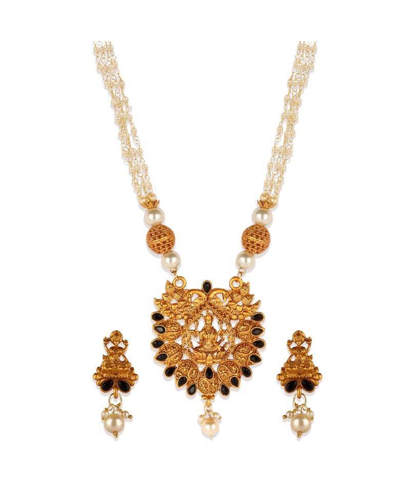 Gold Plated Maa Laxmi Stone Studded Necklace With Earrrings For Women And Girls