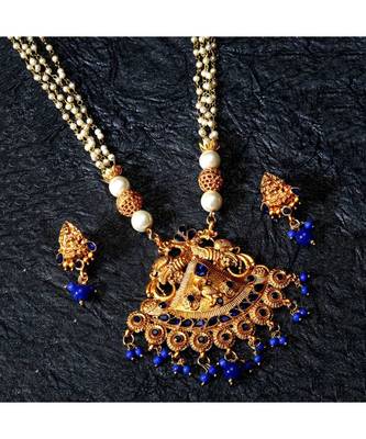 Gold Plated Maa Laxmi Stone Studded Necklace With Earrrings For Women And Girls 1