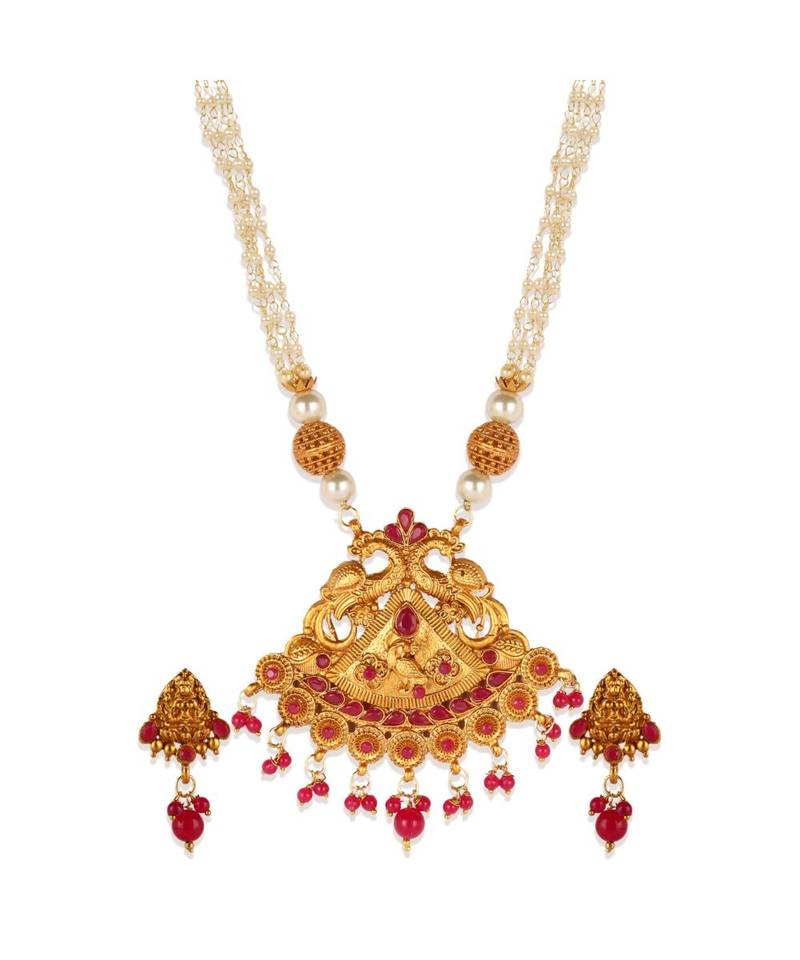 Gold Plated Maa Laxmi Stone Studded Necklace With Earrrings For Women And Girls