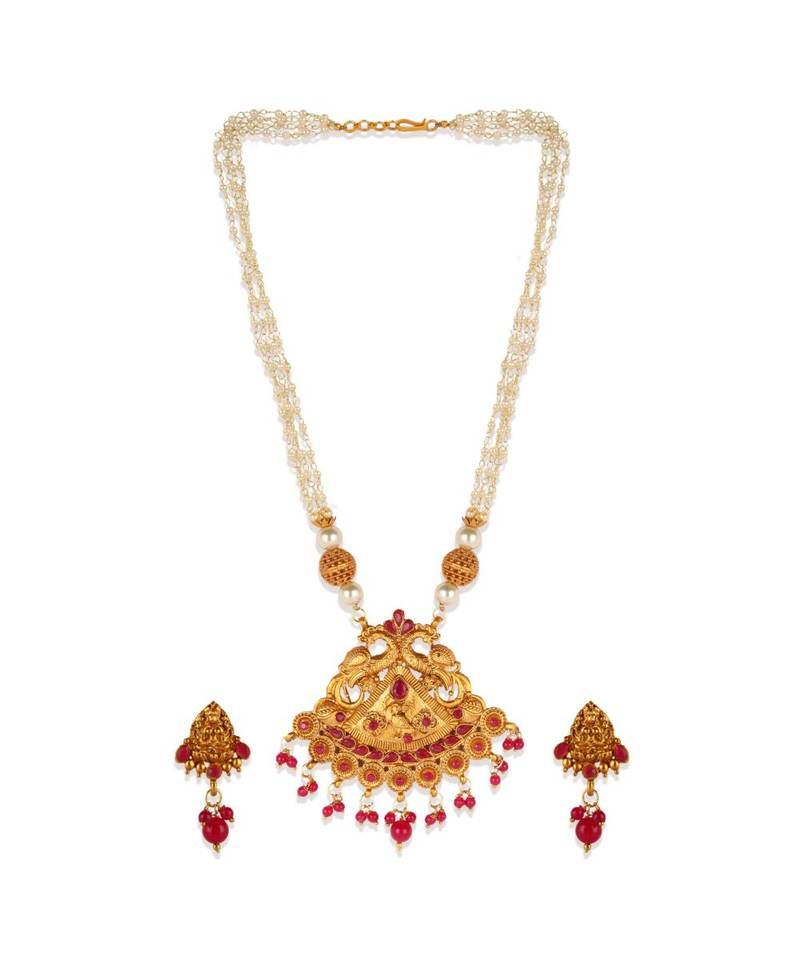 Gold Plated Maa Laxmi Stone Studded Necklace With Earrrings For Women And Girls