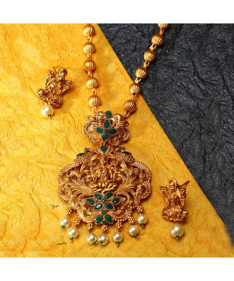Gold Plated Maa Laxmi Stone Studded Necklace With Earrrings For Women And Girls