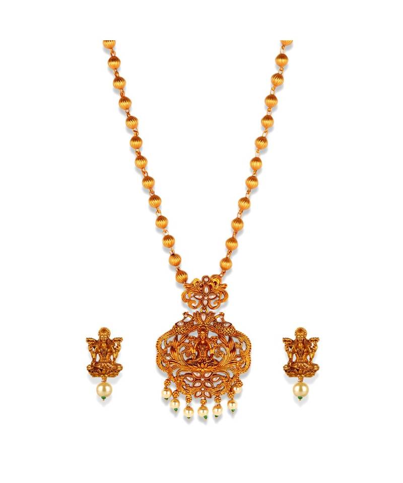 Gold Plated Maa Laxmi Stone Studded Necklace With Earrrings For Women And Girls