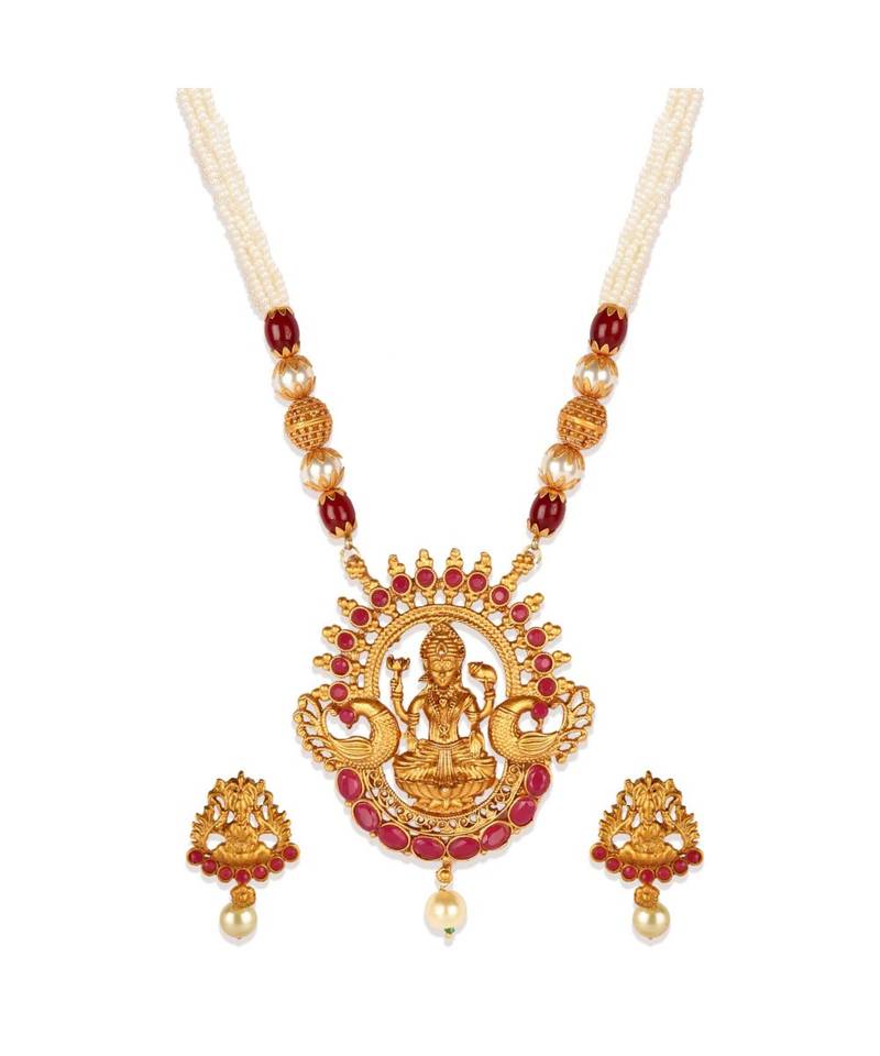 Gold Plated Maa Laxmi Stone Studded Necklace With Earrrings For Women And Girls