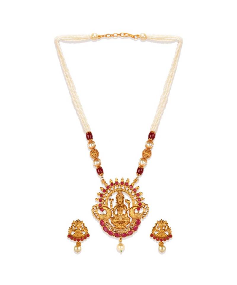 Gold Plated Maa Laxmi Stone Studded Necklace With Earrrings For Women And Girls