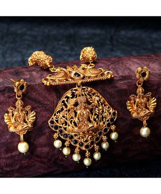 Gold Plated Maa Laxmi Stone Studded Necklace With Earrrings For Women And Girls 1