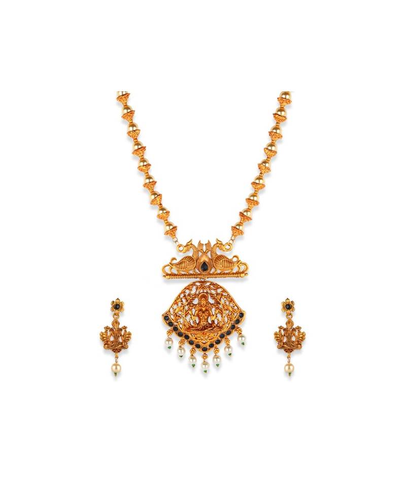 Gold Plated Maa Laxmi Stone Studded Necklace With Earrrings For Women And Girls