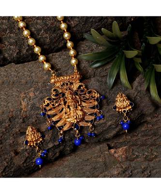 Antique Matte Gold Finish Blue Stone Studded Temple Jewellery set 1