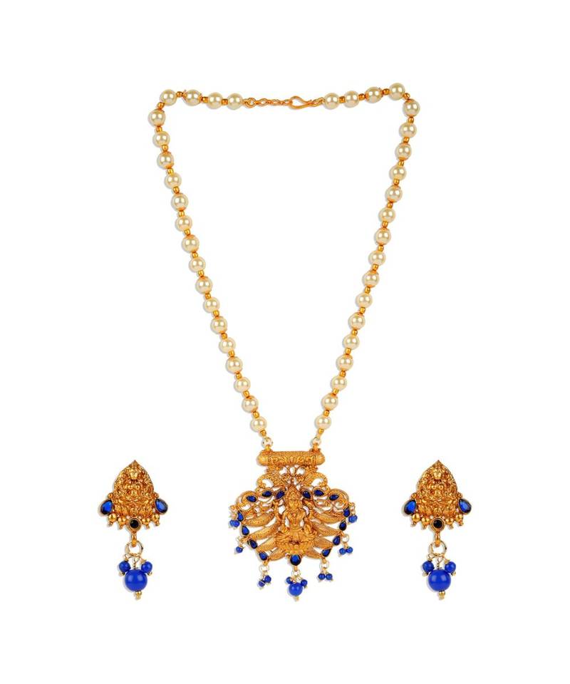 Antique Matte Gold Finish Blue Stone Studded Temple Jewellery set