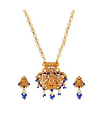 Antique Matte Gold Finish Blue Stone Studded Temple Jewellery set 3