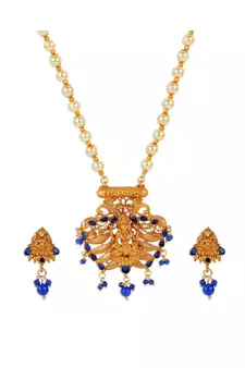 Antique Matte Gold Finish Blue Stone Studded Temple Jewellery set