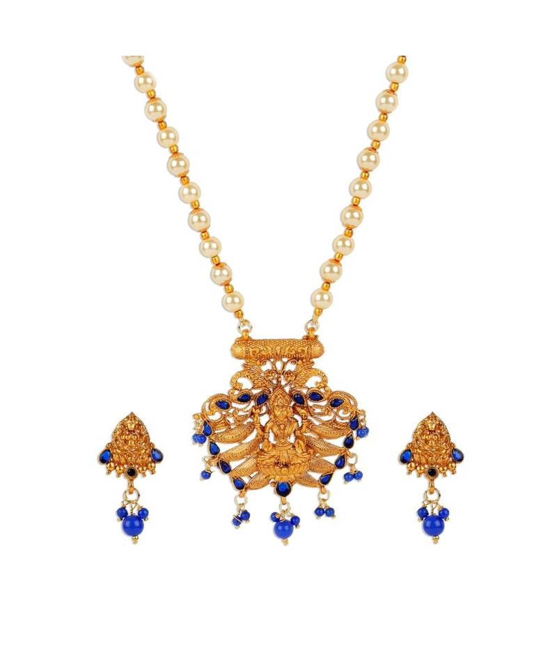 Antique Matte Gold Finish Blue Stone Studded Temple Jewellery set