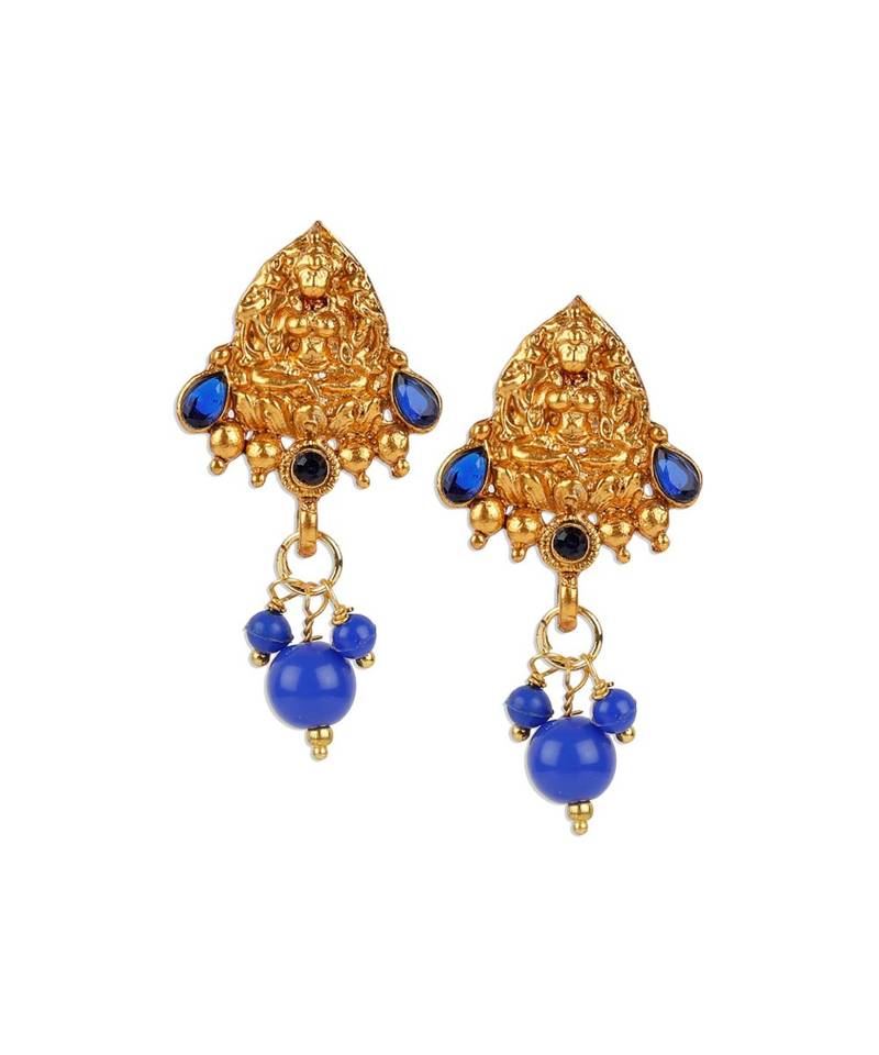 Antique Matte Gold Finish Blue Stone Studded Temple Jewellery set