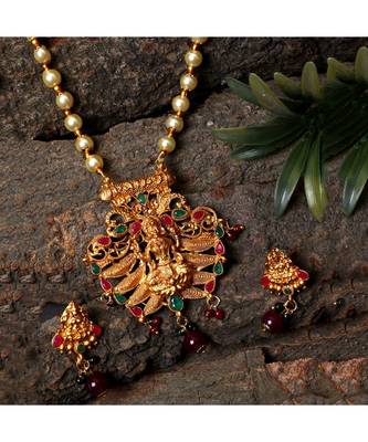 Antique Matte Gold Finish Green Maroon Stone Studded Temple Jewellery set 1