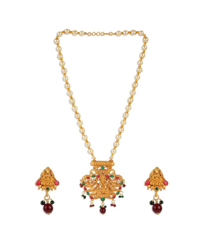 Antique Matte Gold Finish Green Maroon Stone Studded Temple Jewellery set