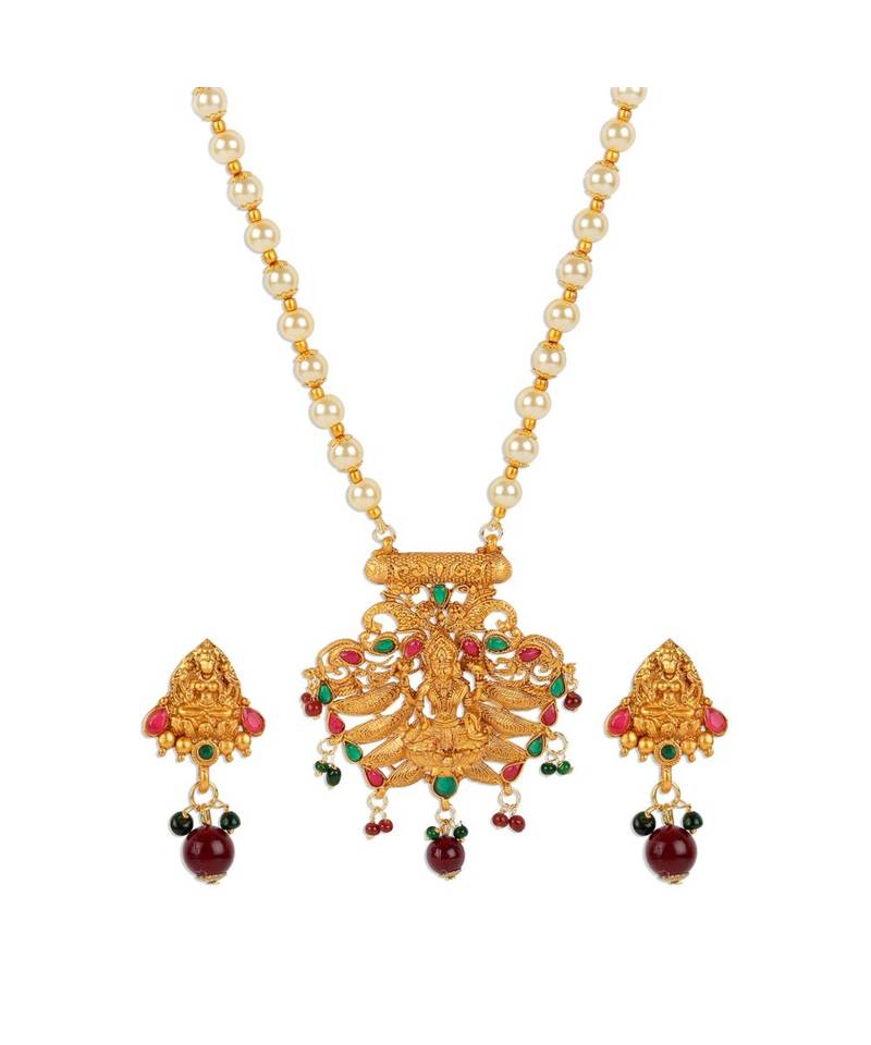 Antique Matte Gold Finish Green Maroon Stone Studded Temple Jewellery set