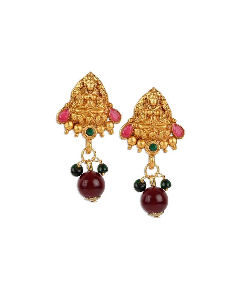 Antique Matte Gold Finish Green Maroon Stone Studded Temple Jewellery set