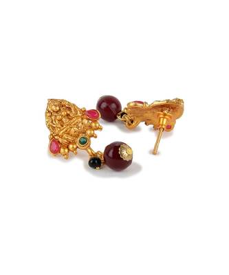 Antique Matte Gold Finish Green Maroon Stone Studded Temple Jewellery set 5