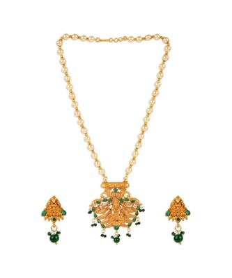 Antique Matte Gold Finish Green Stone Studded Temple Jewellery set 1