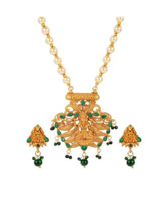 Antique Matte Gold Finish Green Stone Studded Temple Jewellery set 2