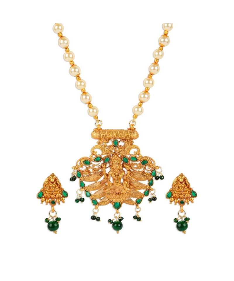 Antique Matte Gold Finish Green Stone Studded Temple Jewellery set