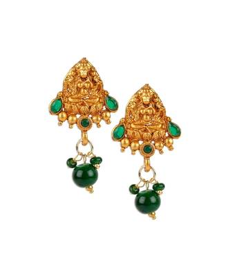 Antique Matte Gold Finish Green Stone Studded Temple Jewellery set 3
