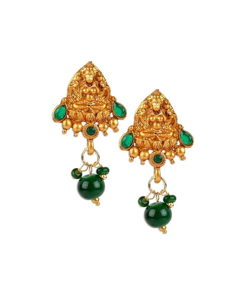 Antique Matte Gold Finish Green Stone Studded Temple Jewellery set