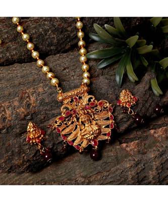Antique Matte Gold Finish Maroon Stone Studded Temple Jewellery set 1