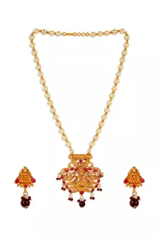 Antique Matte Gold Finish Maroon Stone Studded Temple Jewellery set