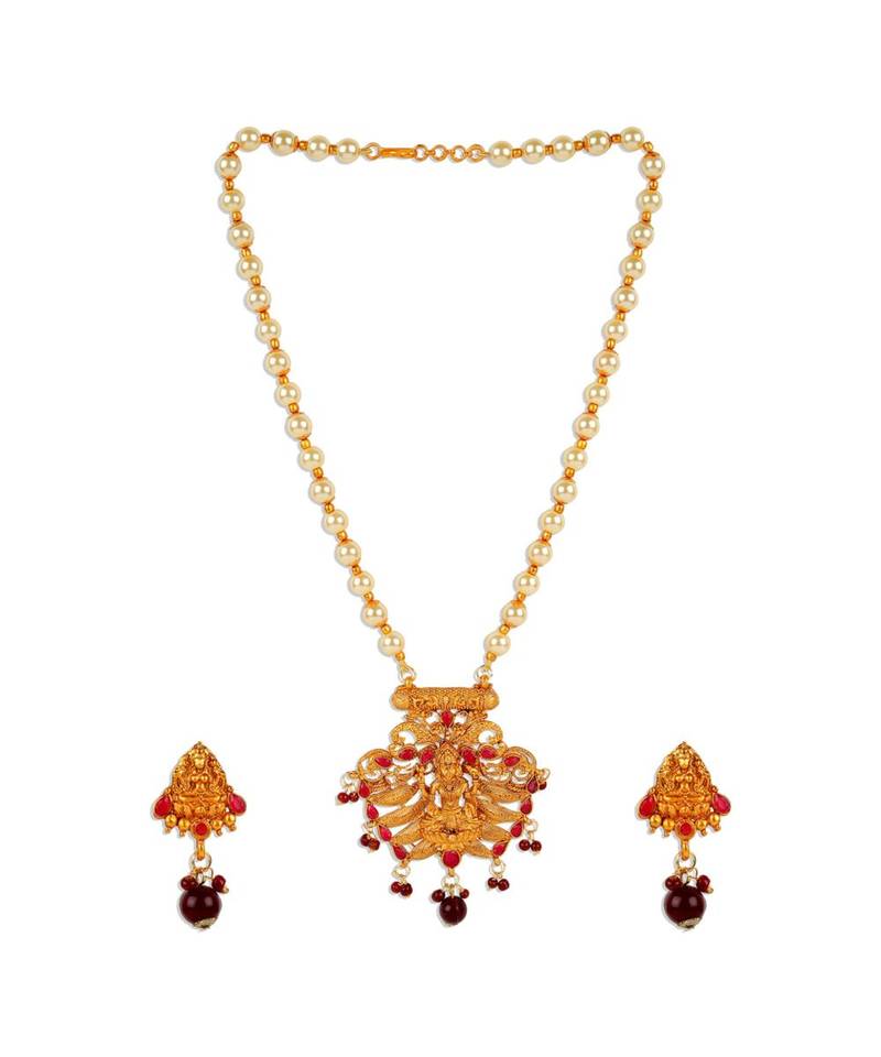 Antique Matte Gold Finish Maroon Stone Studded Temple Jewellery set