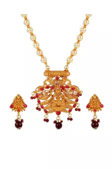 Antique Matte Gold Finish Maroon Stone Studded Temple Jewellery set