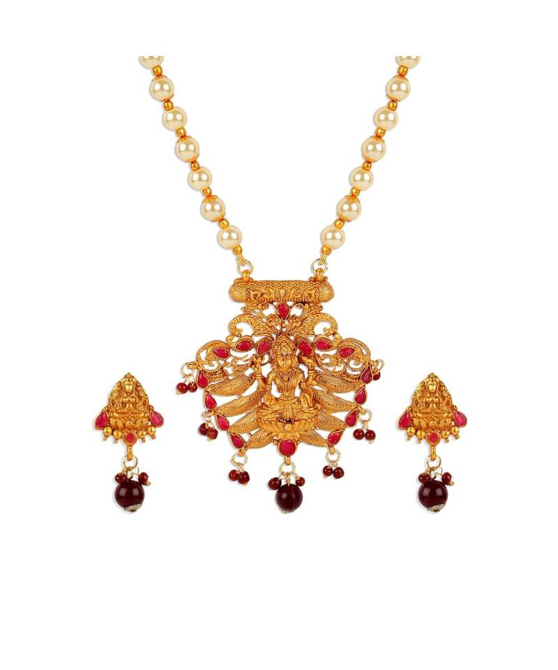 Antique Matte Gold Finish Maroon Stone Studded Temple Jewellery set