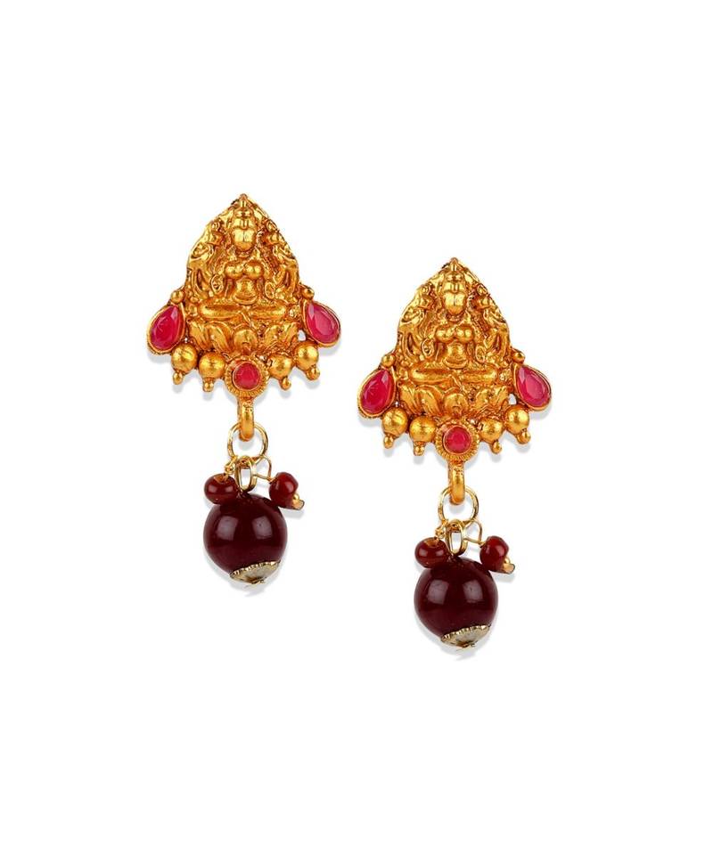 Antique Matte Gold Finish Maroon Stone Studded Temple Jewellery set