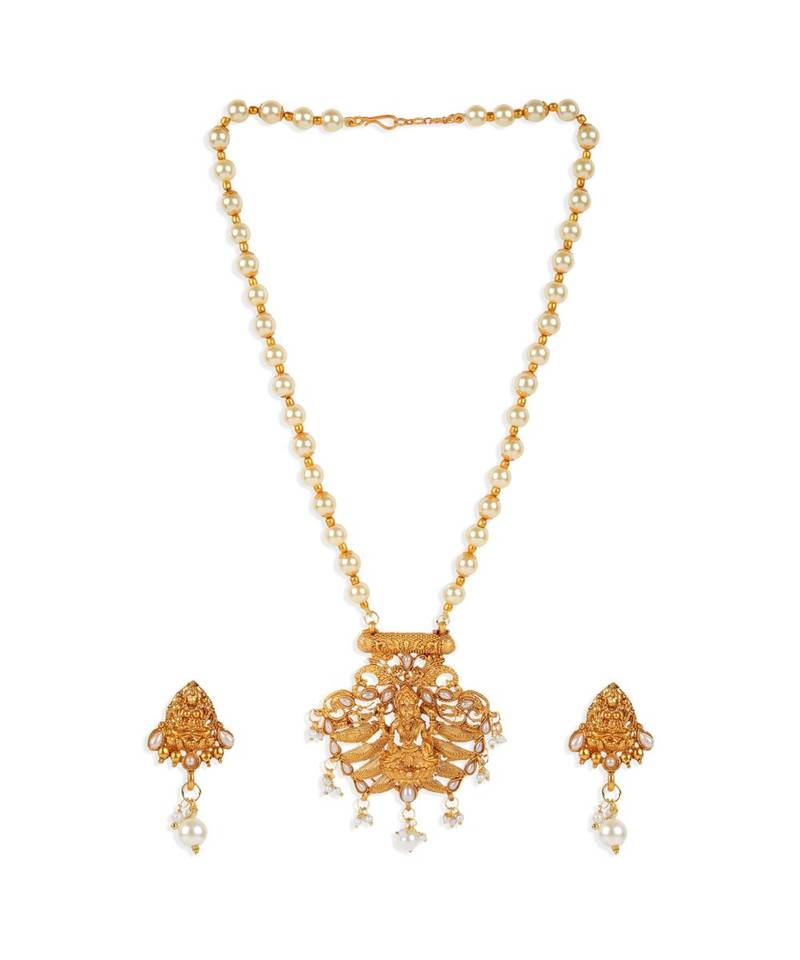 Antique Matte Gold Finish White Stone Studded Temple Jewellery set