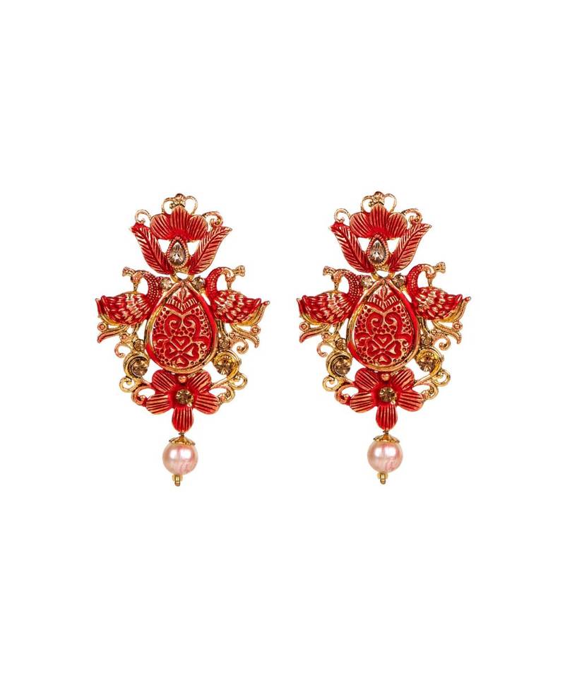 Antique Matte Gold Finish Maroon Stone Studded Temple Jewellery set