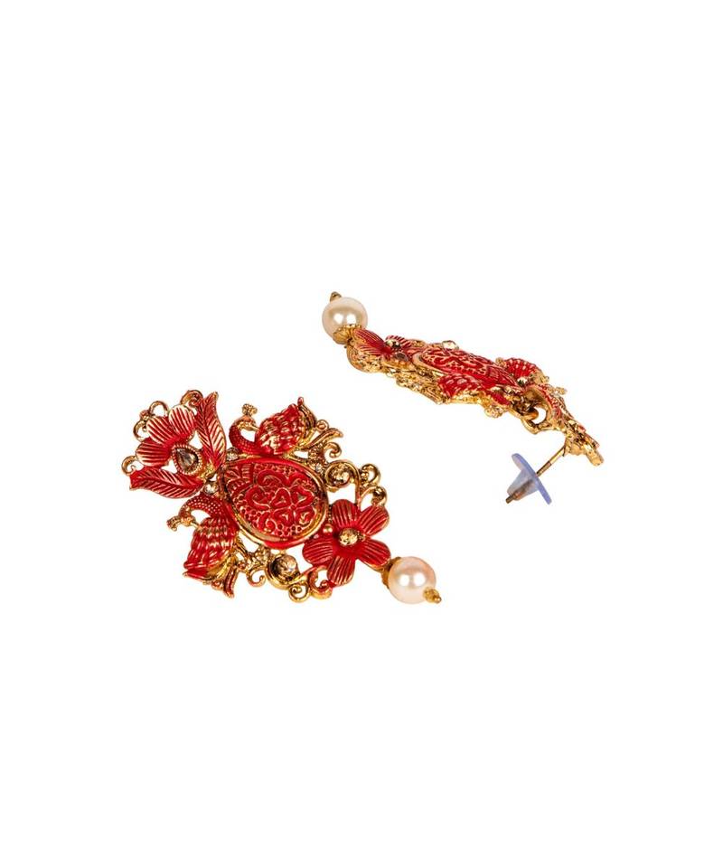 Antique Matte Gold Finish Maroon Stone Studded Temple Jewellery set