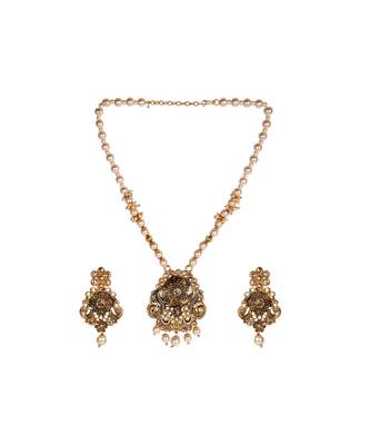 Antique Matte Gold Finish Maroon Stone Studded Temple Jewellery set 1