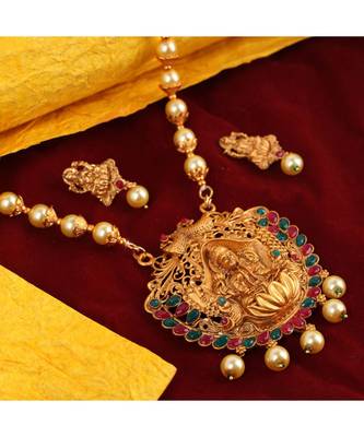 Antique Matte Gold Finish Maroon Stone Studded Temple Jewellery set 1