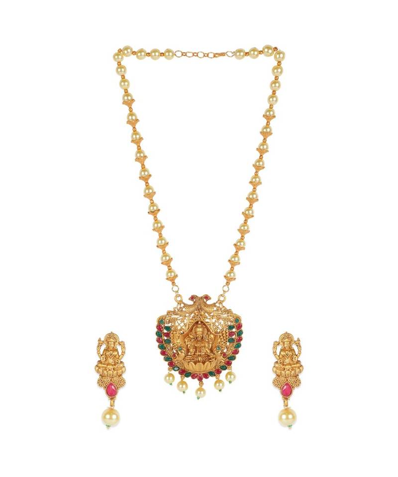 Antique Matte Gold Finish Maroon Stone Studded Temple Jewellery set