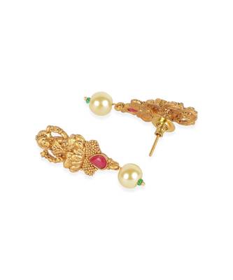 Antique Matte Gold Finish Maroon Stone Studded Temple Jewellery set 5