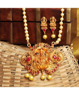 Antique Matte Gold Finish Maroon Stone Studded Temple Jewellery set 1
